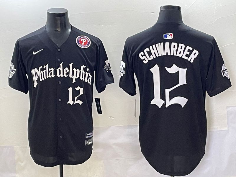Men 2025 Philadelphia Phillies #12 Schwarber Black Five generations Joint Name Nike MLB Jersey style 4
